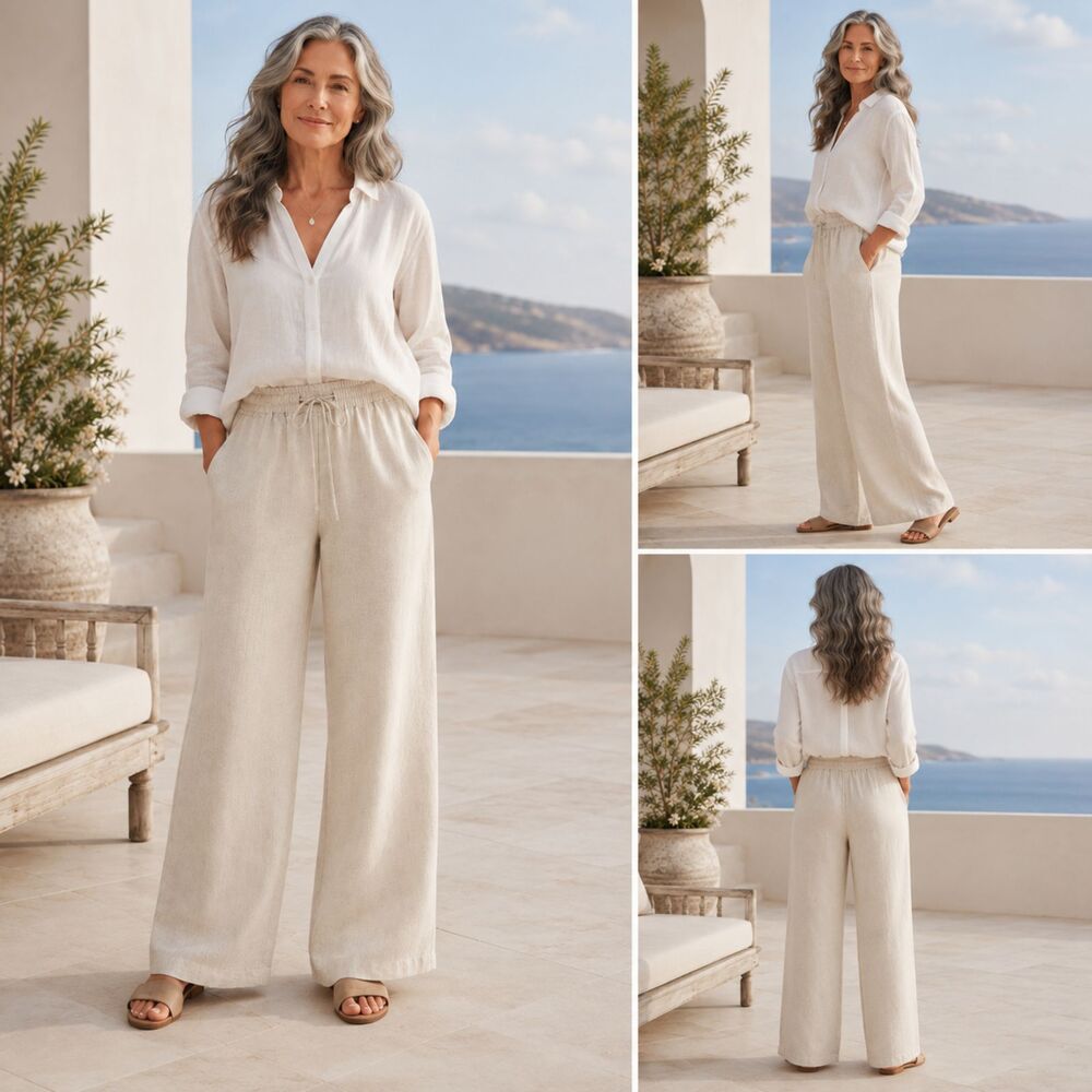 Allen Allen 100% Linen Wide Leg Drawstring Pants Size Large Natural - Picture 2 of 6